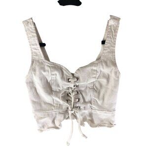 Womens Crop Lace-Up White Tank Top Corset Side Zipper Denim Size S